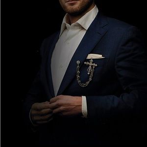 British Style Vintage Crystal Cross Brooch Pin Double Chain Lapel Pins